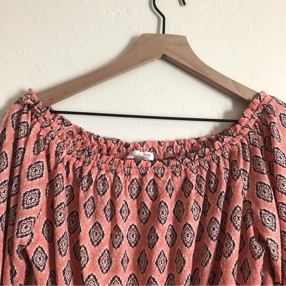 S.C. Society Pink Boho Pattern Bell Sleeve Gathered Elastic Waistband Blouse Top - Picture 4 of 8